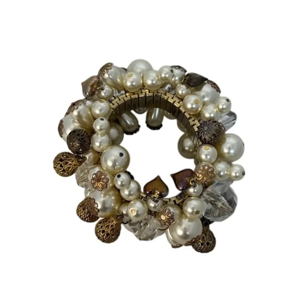 VTG Expansion Cha Cha Bracelet White Faux Pearl Crystal Filigree Dangle Beads